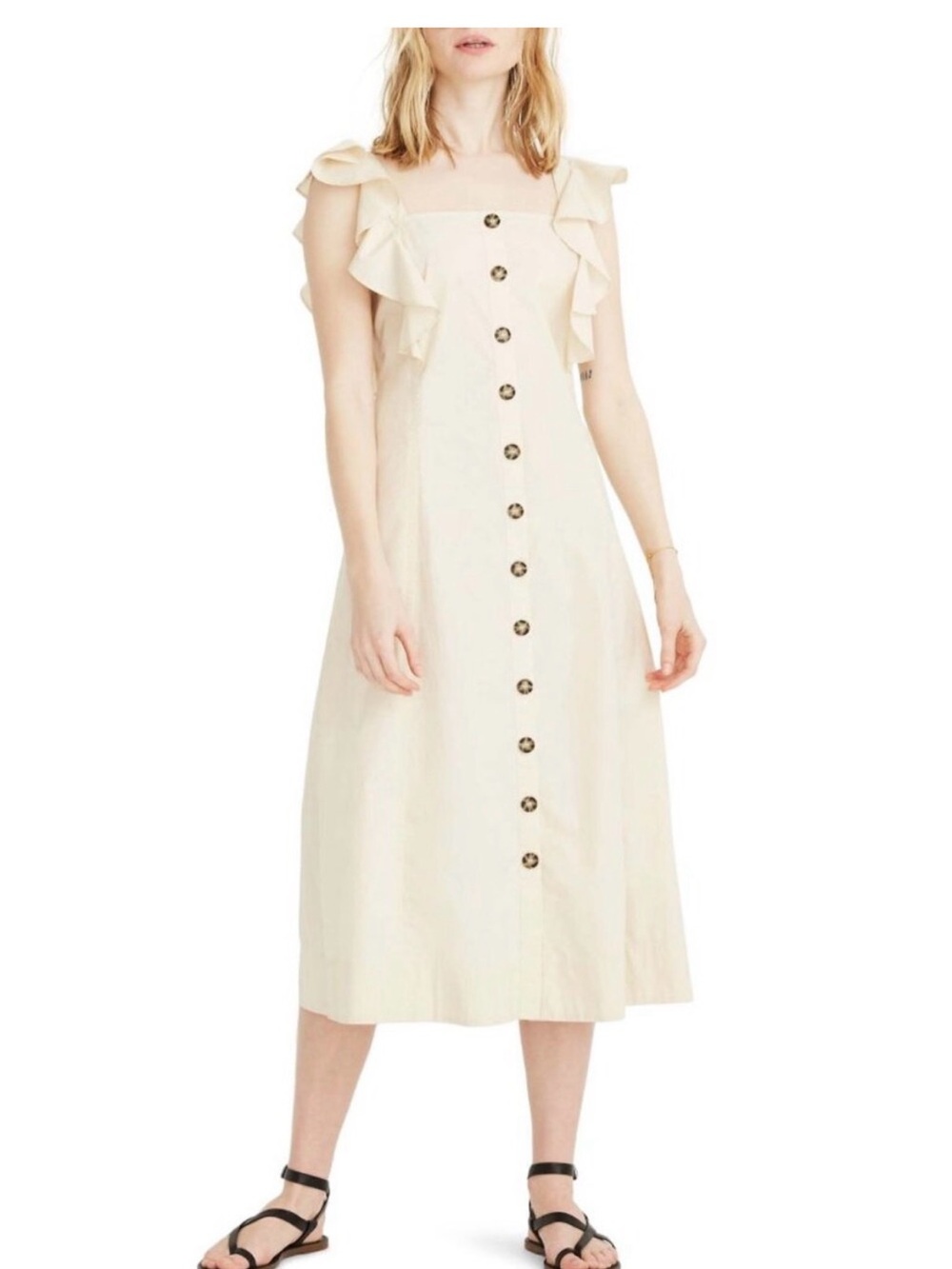 Madewell White/Ivory Dress Ruffle-Sleeve Button-Front Princess Seam Midi Size 0